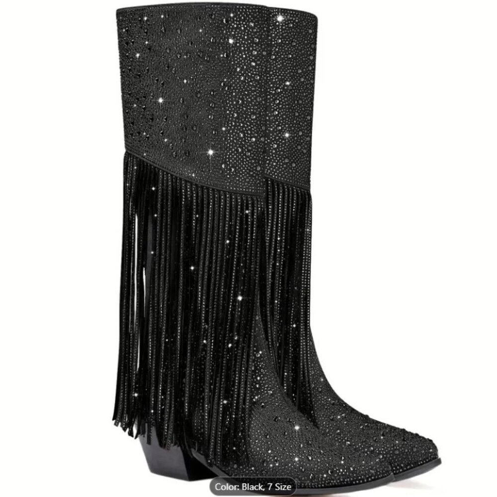 Black Rhinestone Fringe Boots Side Zipper, Pointed Toe, Low Chunk Heel Size 10